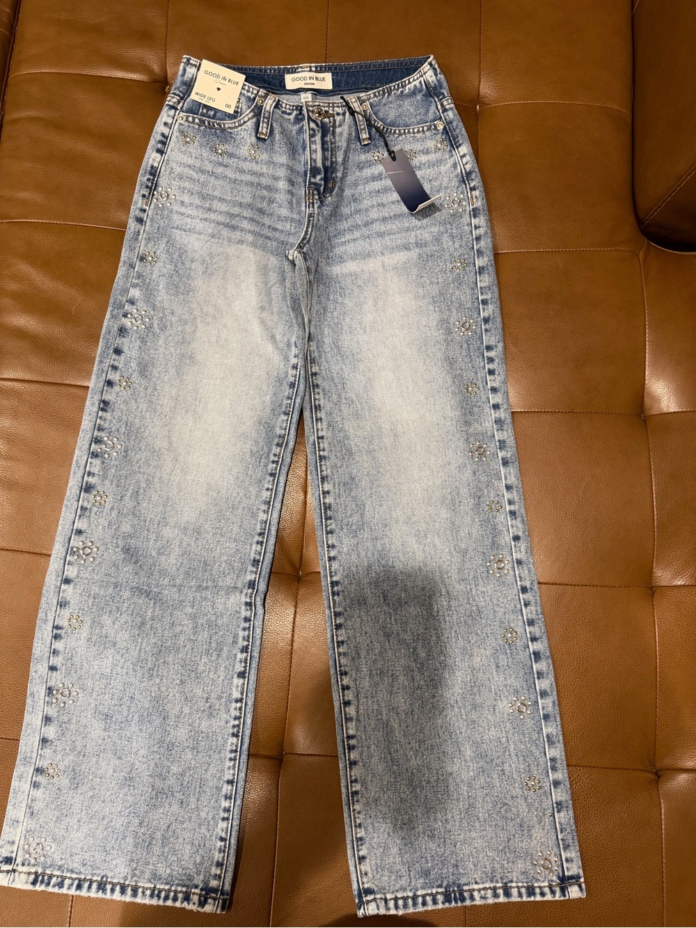 Good in Blue Women's Wide-Leg Jeans Low Rise Light Wash Embellished Size 00